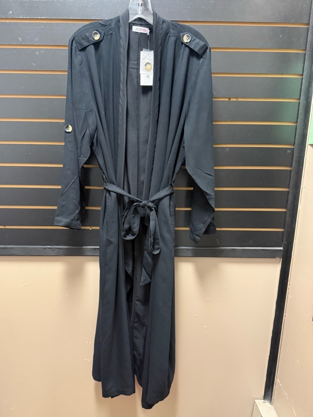 JustFab Black Duster Trench Coat Belted Roll Tab Sleeve 1X NWT